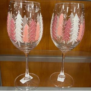 PINK Christmas Tree Handpainted Viral Wine glasses Set of 2 NEW HTF